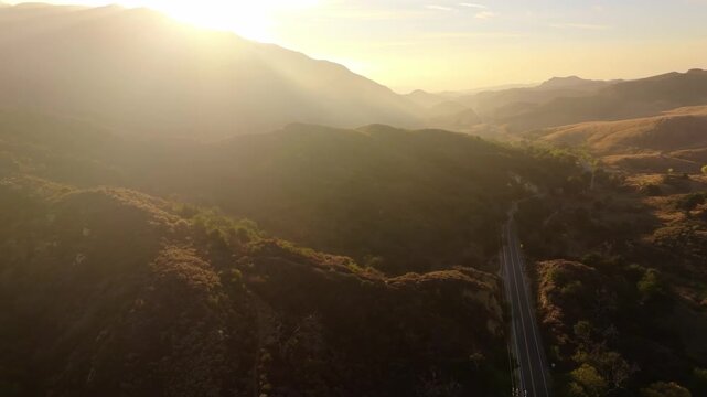 Ariel Drone Shots of Placerita Canyon Road in Santa Clarita, CA 
Vehicle tracking shots on mountain road
