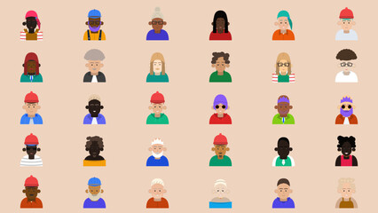 Naklejka premium Diverse collection of flat-style avatar icons for men and women representing various ethnicities and professions