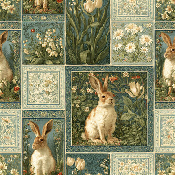 Vintage floral pattern with rabbits and white flowers, creating charming and elegant nature inspired design
