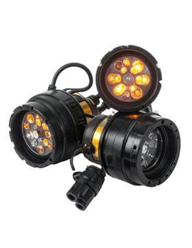 A close-up studio shot features a tri-head LED light fixture with a black and gold finish against a solid black background.