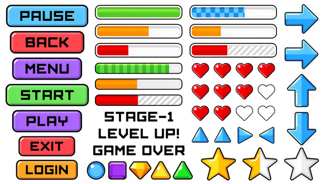 Complete 2d pixel art game user interface set with navigation buttons status bars hearts and icons interface elements progress graphics development software