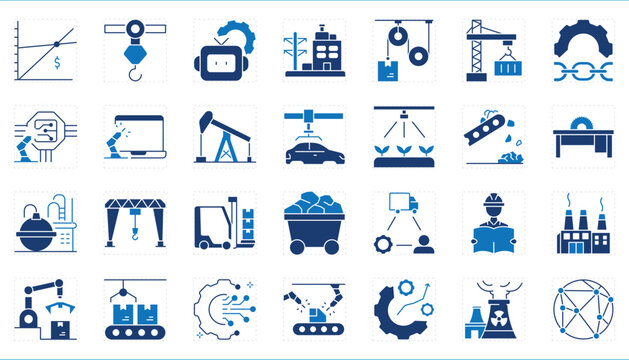 A set of icons related to Industry and Manufacturing. Build, mechanic, machines, engineer, produce, mining, farming, industrial, energy, and so on.