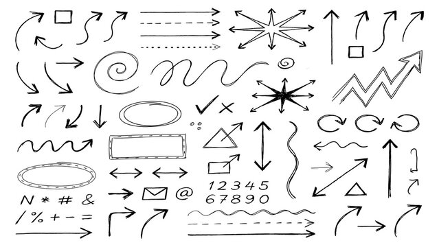 Collection of hand drawn doodle arrows and shapes with pointers directions collection elements scribble illustration markings