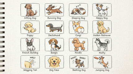 Obraz premium Sketchbook pages showcasing cute doodle illustrations of various dog breeds and behaviors in hand-drawn style