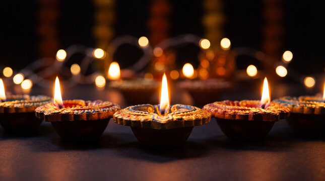 Beautiful traditional clay diya lamps glowing with warm light, arranged for the Hindu festival of Diwali on a dark background with soft bokeh fairy lights.