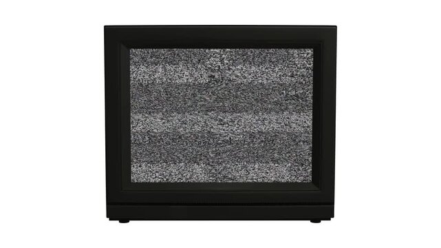 Vintage black CRT television monitor with no signal displaying static white noise on a white background