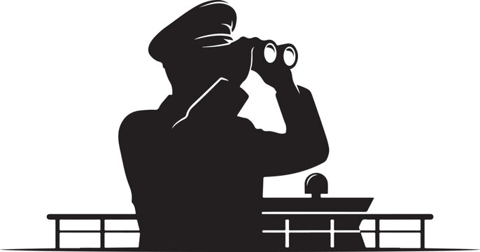 A black silhouette of a naval officer in a uniform and cap looking through binoculars while standing on a ship deck railing
