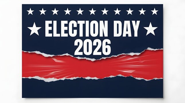 Election day 2026 poster design with torn paper effect and stars on a dark blue and red background