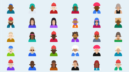 Fototapeta premium Diverse Set of Stylized Human Avatars Featuring Men and Women with Various Hairstyles and Colorful Clothing Designs