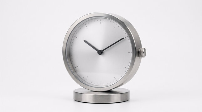 Modern silver desk clock on white background. Minimalist metal timepiece for office decor.