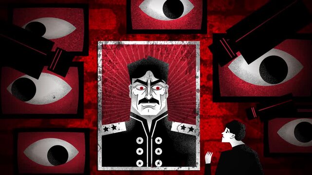 person under surveillance by cameras and eye televisions beneath a giant portrait of the supreme leader