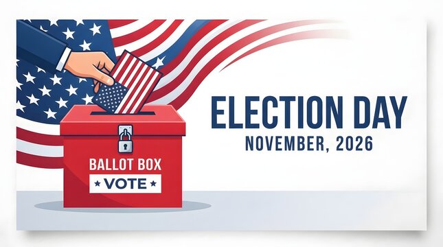 Election day november 2026 concept with a hand casting a vote into a red ballot box in front of a waving american flag