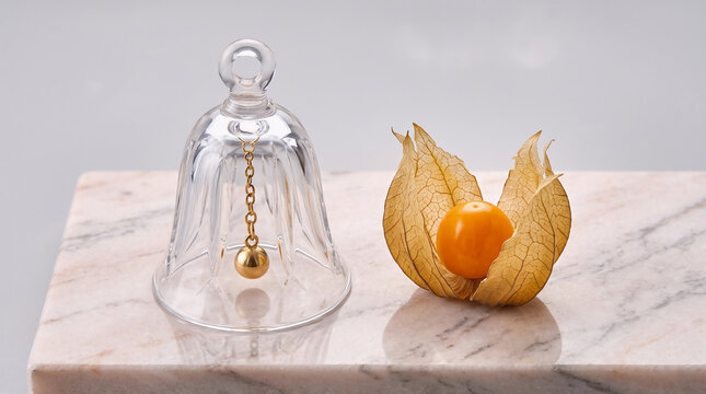 Glass bell with golden clapper and physalis fruit. Elegant still life on marble surface.