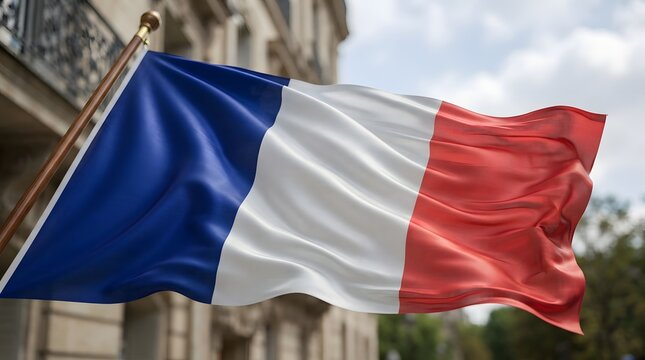 Waving flag of france against a blurred architectural background
