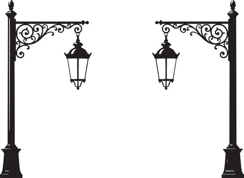 Two ornate vintage street lamps with decorative scrollwork brackets, standing on pedestals, isolated on a clean white background for