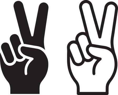 Two victory sign hand one solid black silhouette and one white outline isolated on a white background