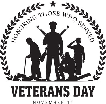 Veterans day memorial emblem with silhouettes of soldiers, a rifle, and a laurel wreath, honoring those who served, white background