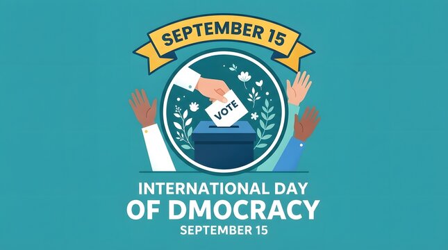 International day of democracy september 15 poster with hands raised and a ballot box