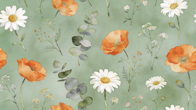 Vibrant Orange and White Daisies Blooming in Soft Green Background.