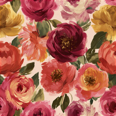 Obraz premium Seamless colorful botanical pattern with painterly roses in red, pink, orange, and yellow tones creating vibrant floral design