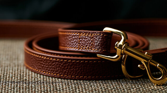 Premium brown leather dog leash and collar set, elegant pet accessory concept, with copy space