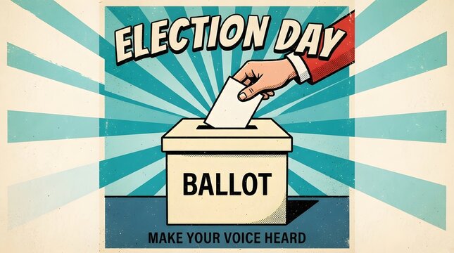 Vintage style election day poster with hand casting a ballot into a box