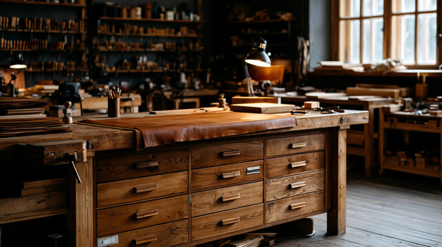 Well-organized artisan workshop filled with tools and materials for crafting leather goods, dedicated craftsmanship concept, with copy space