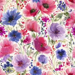 Obraz premium Colorful floral watercolor pattern with pink, purple, and blue flowers creating vibrant and lively design