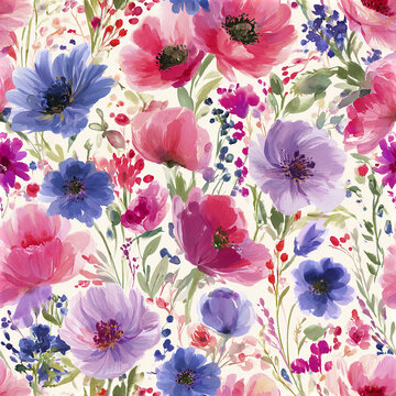 Colorful floral watercolor pattern with pink, purple, and blue flowers creating vibrant and lively design