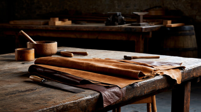 Authentic leather crafting workshop scene showcasing traditional artisan techniques, with copy space