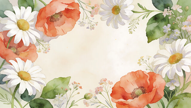 Vibrant Watercolor Floral Wreath with Daisies and Roses on Cream Background.
