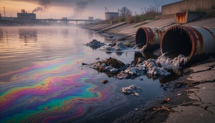 Obraz premium Toxic water surface with mixed colors and floating industrial residue.