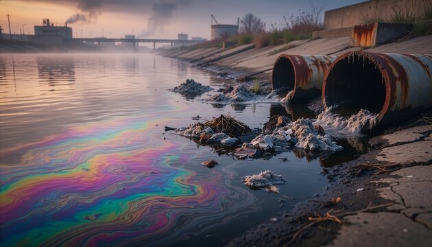 Toxic water surface with mixed colors and floating industrial residue.