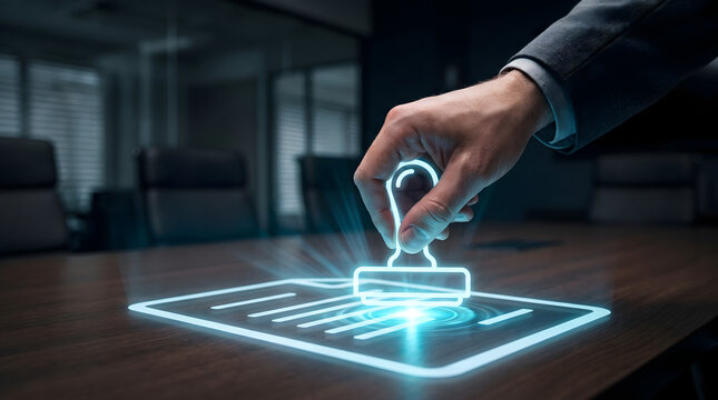 Hand applying holographic stamp on digital document representing electronic approval, verification, authorization, and secure online validation
