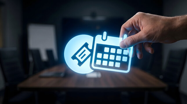 Hand controlling holographic calendar and event interface symbolizing digital scheduling, organization, productivity, and time management