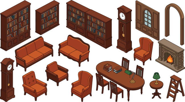 Isometric classic library furniture vector elements set with bookcases grandfather clocks fireplace sofas and study table
