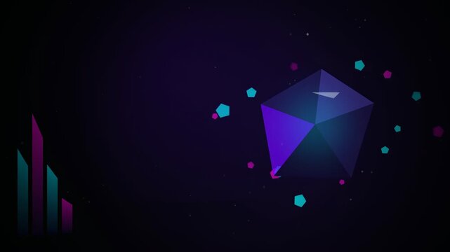 Abstract 3D Low Poly Geometric Shape Rotating in Dark Space with Floating Particles and Digital Neon Background Elements