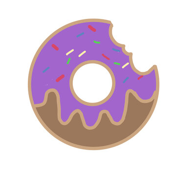 Bitten purple glazed donut with colorful sprinkles vector illustration