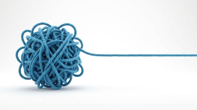 A tangled blue yarn ball unraveling into a single straight line, symbolizing order from chaos.