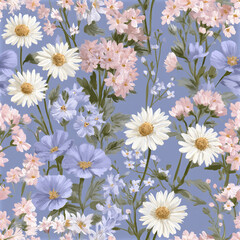 Fototapeta premium Soft pastel floral pattern with daisies and wildflowers on muted blue background, evoking gentle cottagecore charm