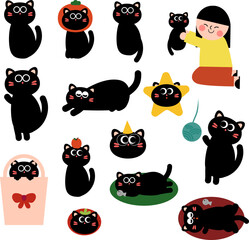 Cute Black Cat Kawaii Character Clipart Collection © dnhita