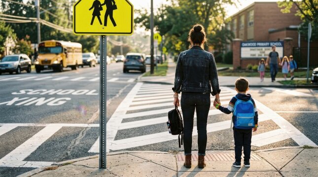 Mother and child waiting to cross the street at a school crossing with yellow warning sign and traffic in the background