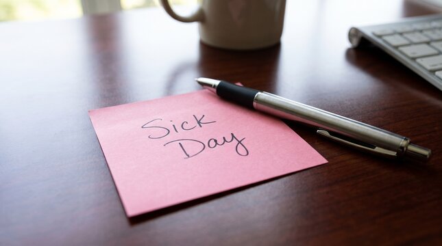 Pink sticky note with handwritten text reading sick day on a wooden office desk.