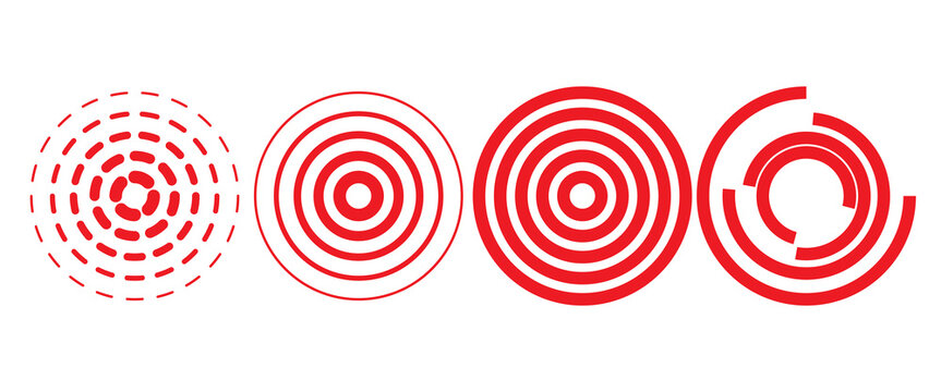 Red concentric ripple circles set. Sonar or sound wave rings collection. Epicentre, target, radar icon concept. Radial signal or vibration elements. Halftone dotted and lined vector illustration