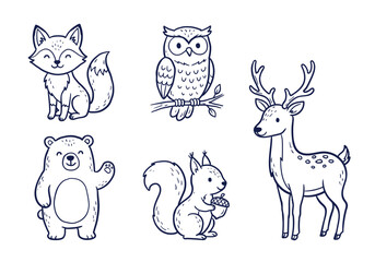 Fototapeta premium Cute forest animals line art doodles set with fox owl deer bear and squirrel vector design