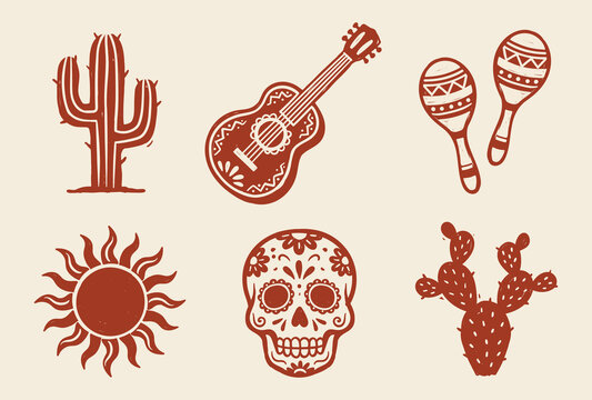 Mexican culture doodles set with sugar skull cactus guitar maracas and sun orange outline vector