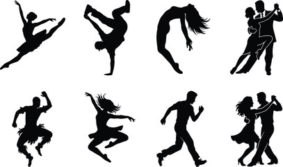 Fototapeta premium Diverse dance styles vector silhouette collection featuring ballet breakdance ballroom tribal and modern dancers