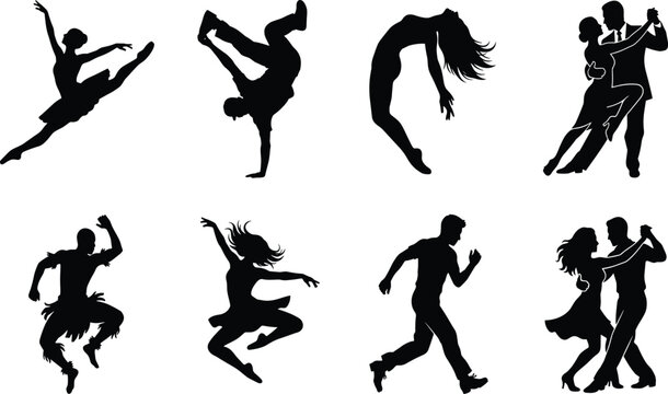 Diverse dance styles vector silhouette collection featuring ballet breakdance ballroom tribal and modern dancers