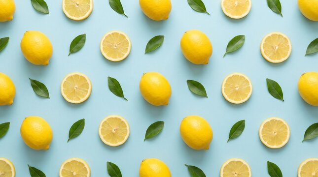 A pattern of fresh whole and halved lemons with green leaves on a light blue background, creating a vibrant and refreshing design.