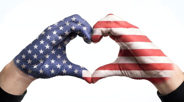 Hands painted with the american flag forming a heart shape isolated on white background
